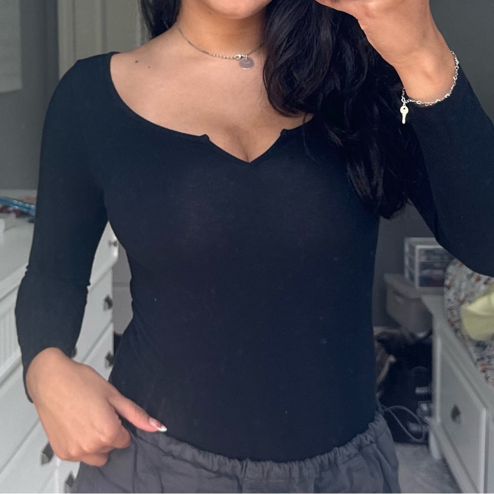 PINK Victoria's Secret Black Fitted Long Sleeve Bodysuit